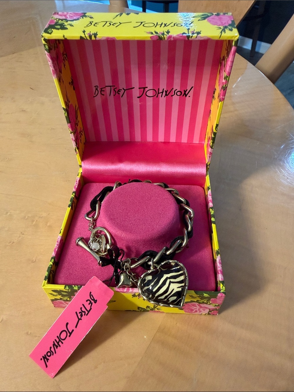 Betsey Johnson Gold-Tone Chain Bracelet with Pink and Zebra Heart Charms